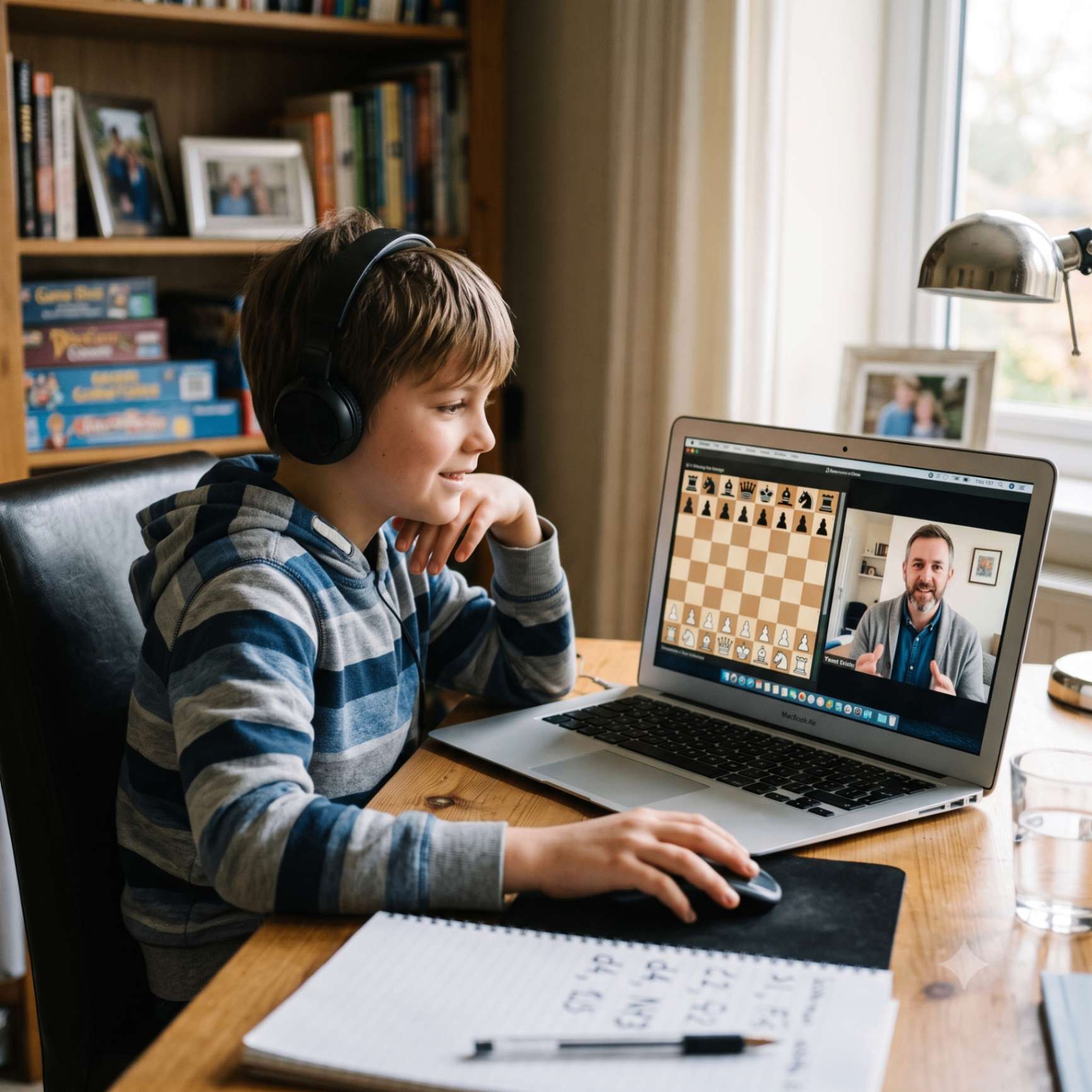 A student in a live one-on-one Chess Juniors lesson with a coach on screen